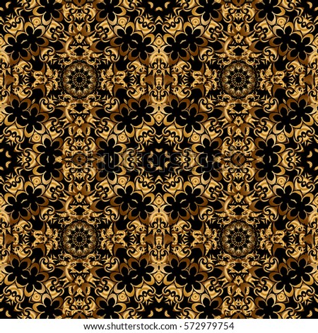 Abstract bright golden design for wallpaper, Christmas decoration, confetti, textile, wrapping. Symbol of holiday. Stars seamless pattern gold and black retro background.