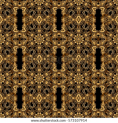 Stylized golden stars, snowflakes and grids. Ethnic Indian folklore. Vector abstract seamless patchwork background with black and golden ornaments, geometric Moroccan seamless pattern.