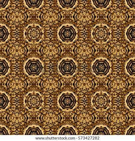 Ethnic Indian folklore. Abstract seamless patchwork background with black and golden ornaments, geometric Moroccan seamless pattern. Stylized golden stars, snowflakes and grids.