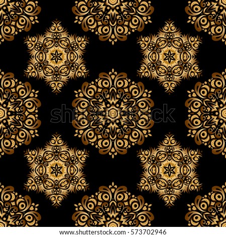 For wallpaper, presentation, design, textiles. Vector illustration. Seamless vector image of the elements in gold color on black background.