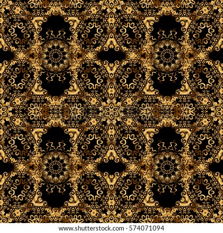 Golden elements for vignettes and borders or design template. Seamless pattern in Victorian style on a black background. Luxury floral frames and ornate decor.