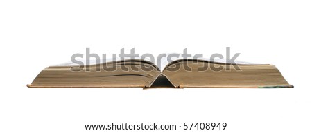 Old open book on a white background.