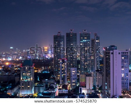Night light cityscape view with modern building in Bangkok, Thailand
