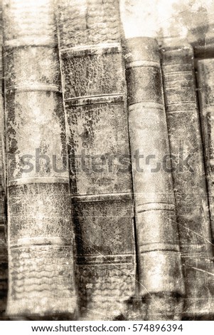 Ancient leather book spines, textured in sepia tones with scratches and stains for a grunge look.