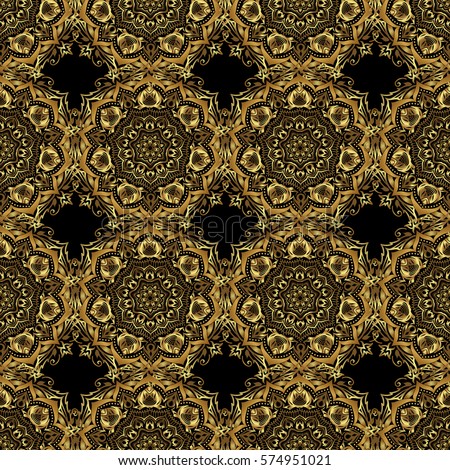 Golden vector print on black background for design invitation, card, wallpaper or fabric. Gold ornament seamless pattern.