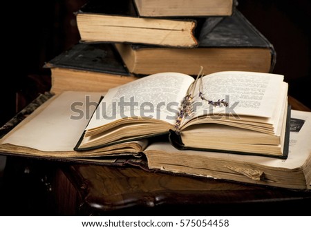 opened book, lying on the bookshelf