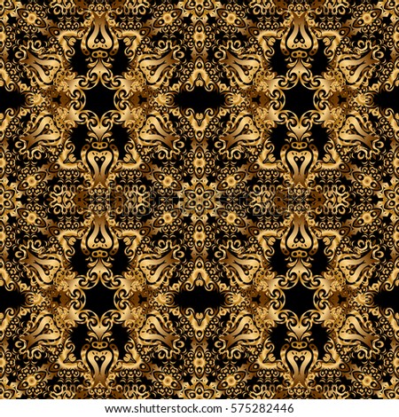 Stars seamless pattern gold and black retro background. Abstract bright golden design for wallpaper, Christmas decoration, confetti, textile, wrapping. Symbol of holiday.