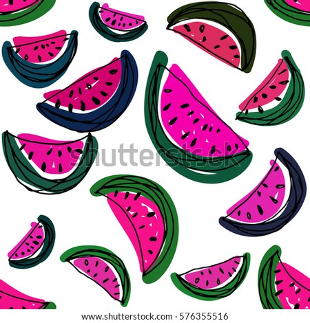 Watermelon slice pattern. Hand drawn cartoon water melon. Watermelon seamless background.