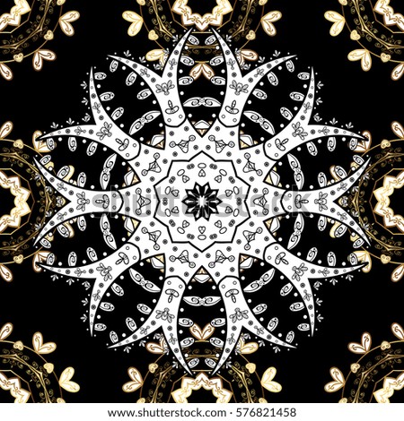 Golden Seamless Wallpaper, Vector Background. Snowflake, Christmas, New Year. Golden grid. Luxury background. Vintage pattern. Floral. Black background. White mandala.
