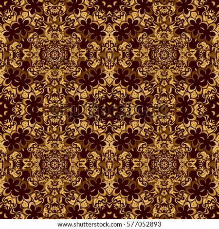 Brown and golden vintage textile print. Islamic design. Seamless pattern oriental ornament. Gold tiles with floral motif.