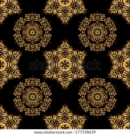 Vector seamless vintage pattern in gold on black background. For printing on fabric, scrapbooking, gift wrapping.