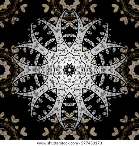 Golden Seamless Wallpaper, Vector Background. Snowflake, Christmas, New Year. Golden grid. Luxury background. Vintage pattern. Floral. Black background. White mandala. Radial gradient shape.