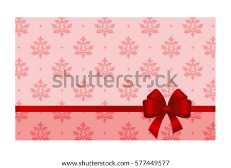 Gift Card With Satin  Red Ribbon And A Bow on a background.  Gift Voucher Template.  Vector image.