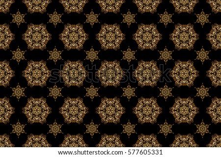Black and golden seamless pattern. Geometric repeating raster ornament with golden elements. Seamless abstract modern pattern on a black backdrop.