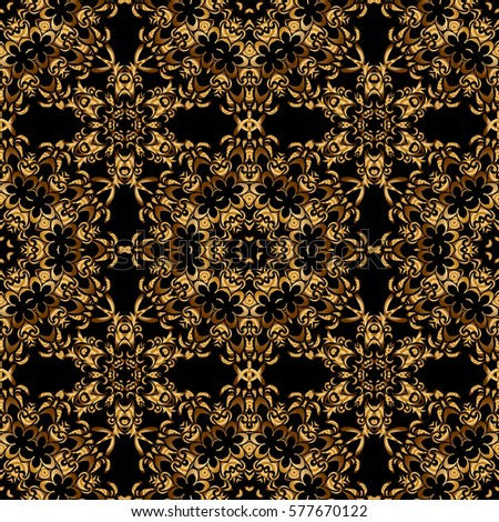 Vector seamless pattern with golden elements. Gold grid on a black background.