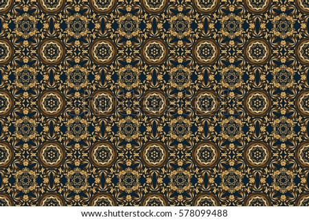 Universal raster pattern for wallpapers, textile, fabric, wrapping paper, packaging box etc. Vintage pattern on blue background. Seamless pattern with golden elements for design in retro style.