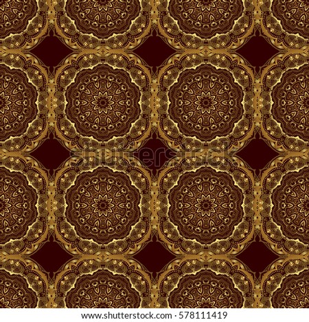 Geometric repeating seamless pattern with hexagon shapes in gold gradient on a brown background.