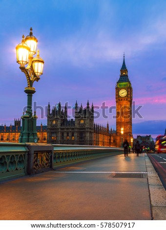 Big Ben and Westminster Bridge in London at sunset, UK.