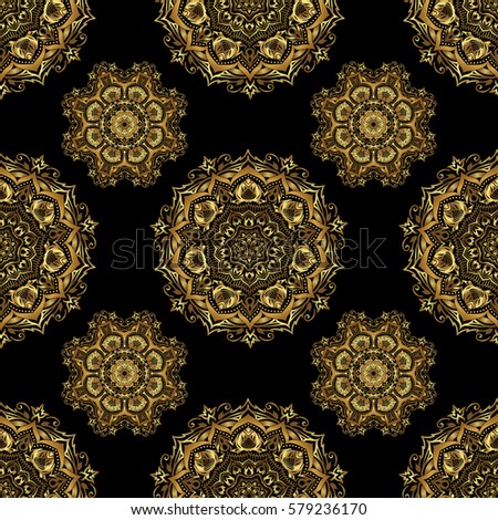Oriental vector classic pattern. Seamless abstract pattern with golden repeating elements on black backdrop. Black and golden pattern.