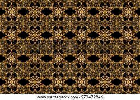 Raster gold ornament on a black background. Can be used for luxury greeting rich card. Vintage seamless texture. Pattern with golden elements on a black background.