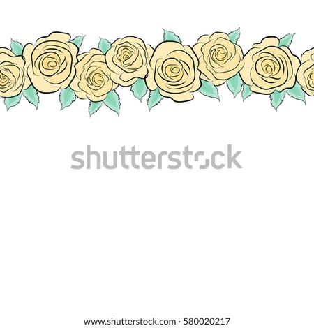 Can be used for festive greeting card, textil print or fabric. Lovely horizontal rose flowers with copy space (place for your text) in yellow and green colors. Seamless pattern.