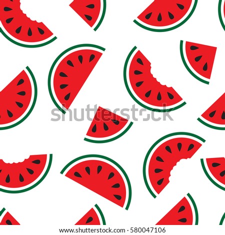 watermelons, whole and bitten chunks, small and large slices evenly placed, around the pattern. Cute red watermelon slice design, seamless wallpaper, background, Color  backdrop.