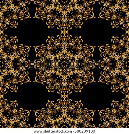 Seamless pattern on a black background. Vintage design in a black and golden colors. Damask elegant wallpaper.