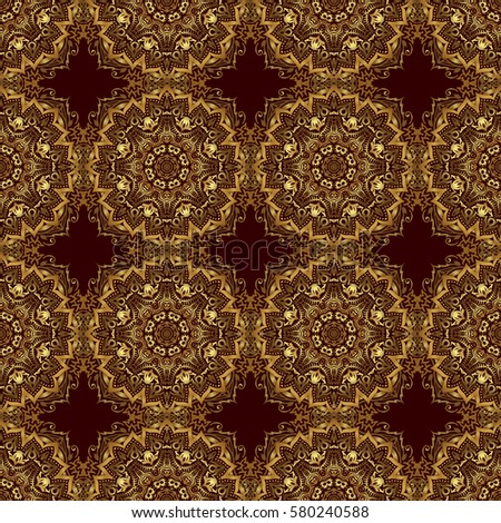 Modern geometric seamless pattern with gold repeating elements on a brown background. Seamless vector golden ornament.