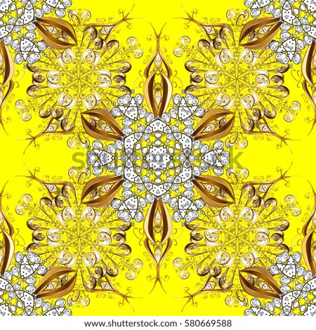 Golden pattern on yellow background with golden elements. Golden color seamless illustration. Geometric background. For your design, wallpaper.