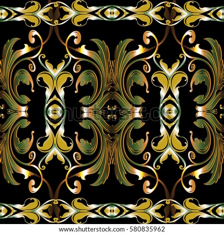 Floral border. Antique damask seamless pattern. Floral black background with vintage green gold 3d  baroque ornaments, leaves and flowers. Vector luxury border  texture for wallpapers, textile, fabric