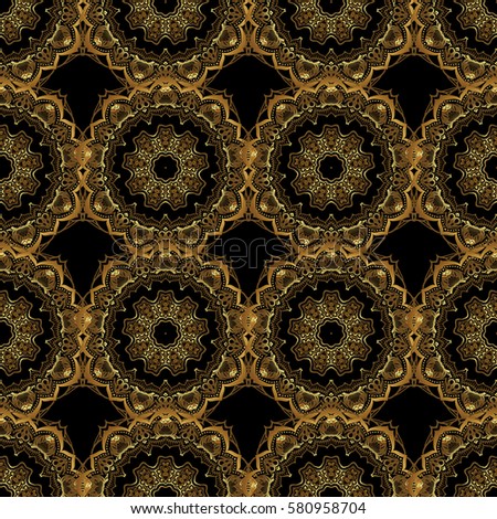 Vector seamless pattern with golden vintage design in Eastern style. Ornamental lace tracery. Ornate golden decor for fabric. Traditional arabic ornament with golden elements on black backdrop.