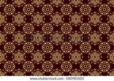 Fan shaped Christmas gold. New Year 2018 holiday decoration. Raster abstract seamless pattern with golden geometrical elements. Golden stylized stars on a brown background.