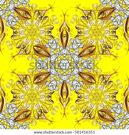Damask golden floral pattern on a yellow background with white doodles. Ornate decoration. Vector illustration.