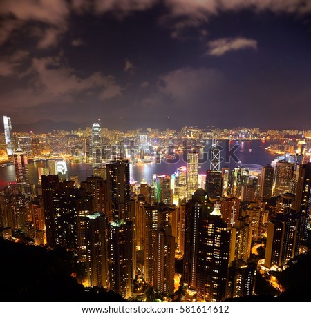 Hong Kong at night. View of Victoria Harbour and Hong Kong Central. Taken from Victoria Peak