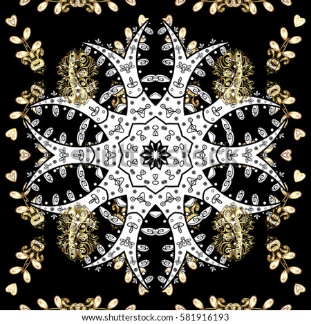 Classic oriental background with white doodles. Damask seamless ornament. Traditional vector and golden pattern.