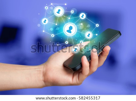 Finger pointing on smartphone with social network illustration
