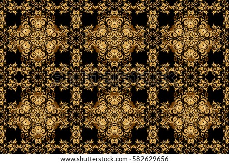 Black and golden vintage textile print. Gold tiles with floral motif. Islamic raster design. Seamless pattern oriental ornament.
