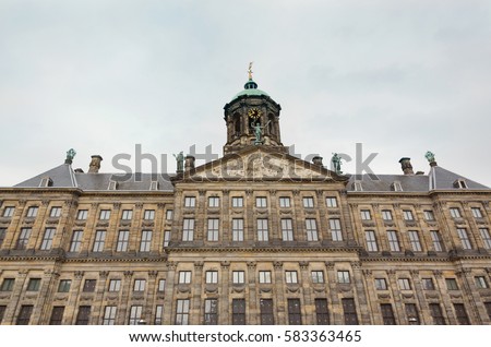 Royal Palace (Koninklijk Paleis Amsterdam or Paleis op de Dam) at the Dam Square in Amsterdam, Netherlands. The palace was built as a city hall during the Dutch Golden Age in the 17th century.