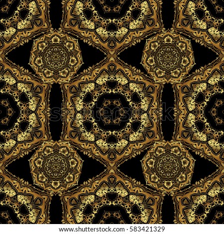 Golden texture, gold lines and grids seamless pattern, curved metal, foil background with 3D visual effects on a black background.