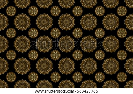 Floral oriental decor. Raster seamless texture in Eastern style. Luxury wallpaper on black. Ornament for invitations, birthday, greeting cards, web pages. Ornate golden pattern for design.