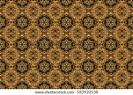 Raster seamless pattern on a black background with golden vintage ornament.
