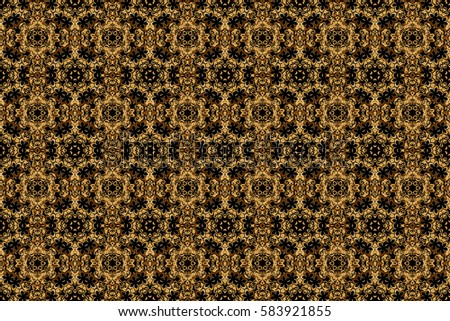Seamless abstract elements in golden colors on black background. Orient background with golden repeating elements. Damask raster classic golden pattern.
