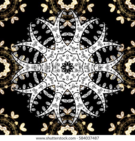 Floral. Black background. White mandala. Vintage pattern. Snowflake, Christmas, New Year. Golden Seamless Wallpaper, Raster Background. Golden grid. Luxury background.