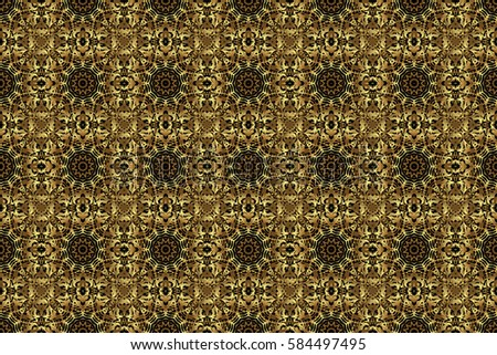 Raster illustration. Geometric repeating seamless pattern with hexagon shapes in gold gradient on a black background.
