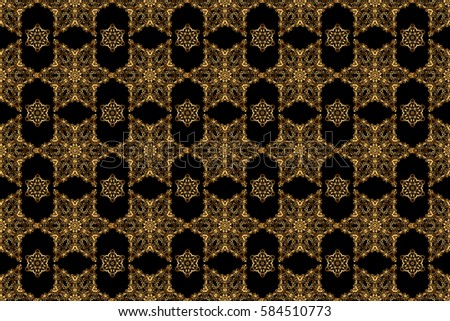 Raster illustration. Elegant Merry Christmas or Happy New Year 2018 seamless pattern with golden ornament on a black background.