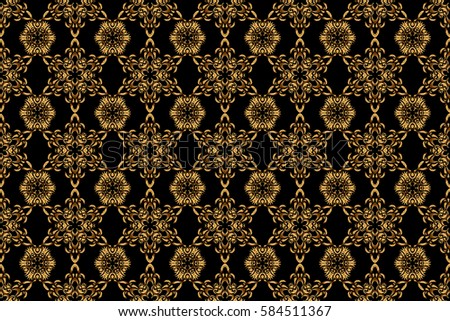 Raster Christmas seamless pattern in Doodle style Golden snowflakes. Paper products, wrapping, textiles on black colored background.