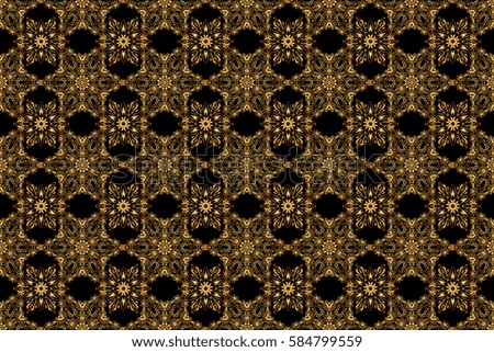 Seamless floral border with vintage golden ornament on black background. Raster golden seamless pattern.