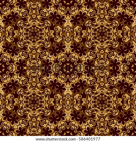 Muslim, East ornament, Indian ornament, Persian motif. Abstract golden circle ornament on brown background. Can be used for wallpaper, banner, wrapping, wedding card. Islamic oriental seamless pattern