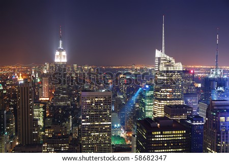 New York City Manhattan skyline night panorama aerial view with Empire State Building and skyscrapers