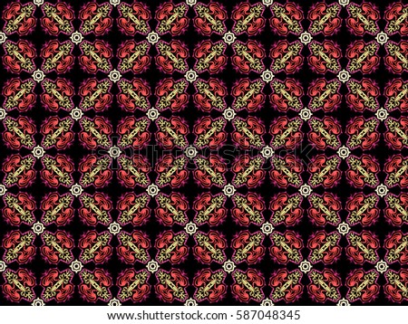 A hand drawing pattern made of orange, fuchsia,yellow and white on a black background.